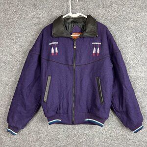 Vintage Aztec Feather Embroidered Midwest Garment Co. Leather Collar Wool Jacket